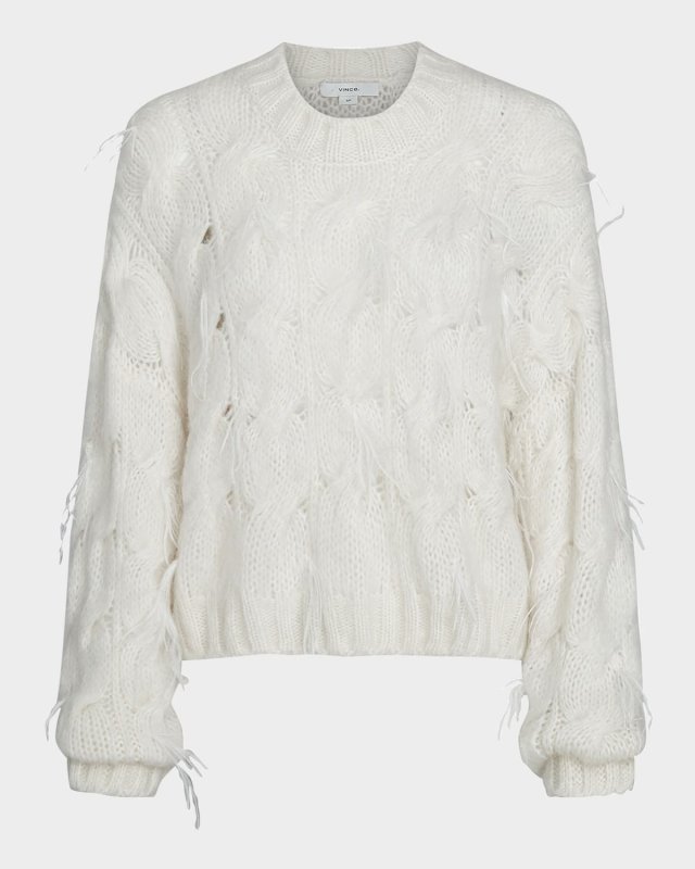 Feather Embellished Cable-Knit Sweater